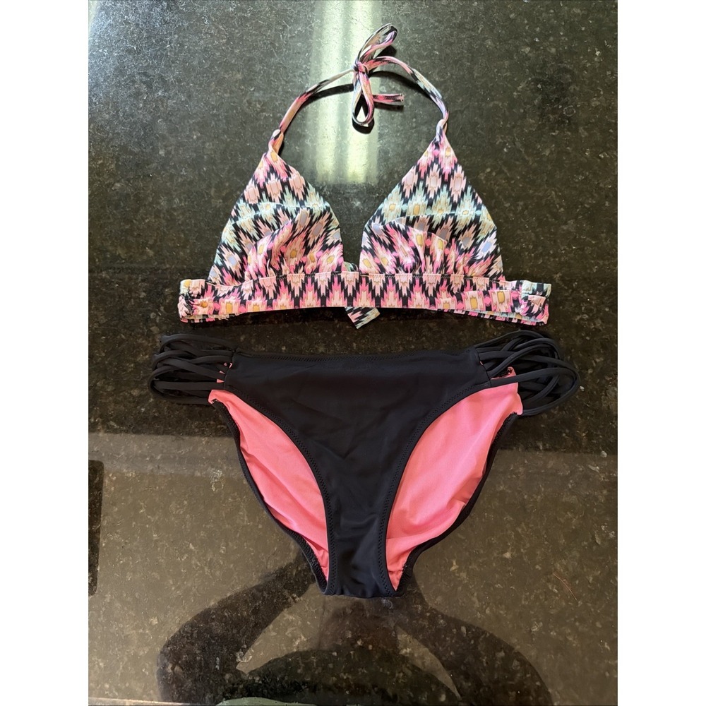 Victoria's Secret PINK Bikini Swimsuit Sz M Pink Black‎ Halter Bathing Suit